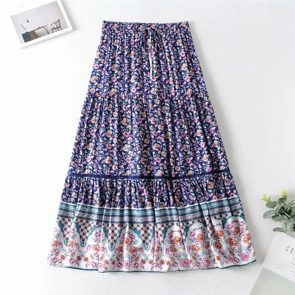 013 Boho Blue Floral Print Ruffle Maxi Skirt Gypsy - Picture 6 of 11